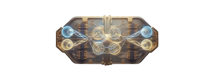 Quantum-O chipset illustration: a single qubit in superposition between |0⟩ and |1⟩ basis states.