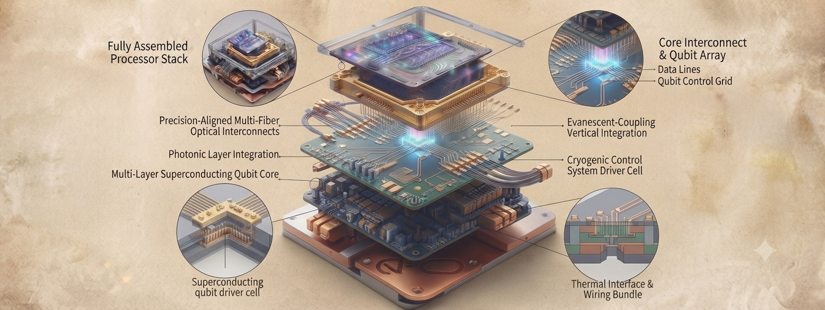 Annotated cross-section of the Quantum-O v1.0 chipset — processor stack, qubit array, photonic layer, cryogenic driver, thermal interface