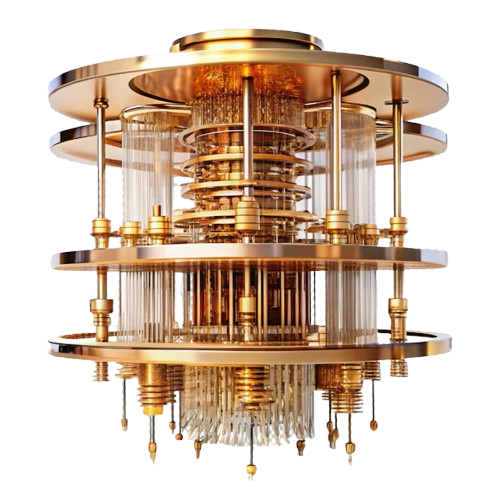 Q-Ov1 open quantum runtime — a circuit-simulation engine rendered as an illuminated cryogenic module with printed console output and quantised memory blocks on a motherboard.